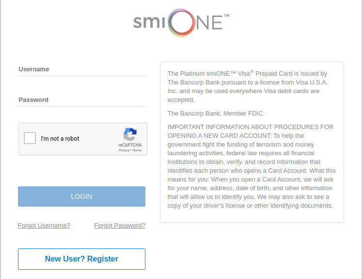 smiONE TM Visa Prepaid Card Login