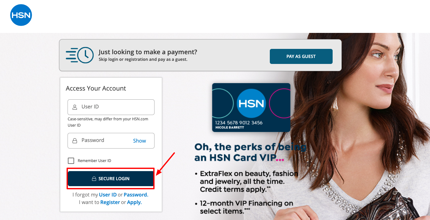 hsn credit card login