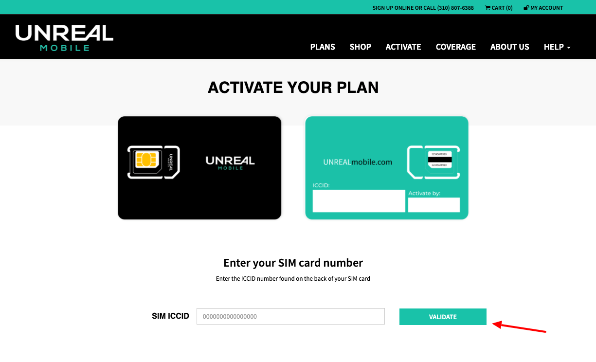 unreal mobile activate sim card